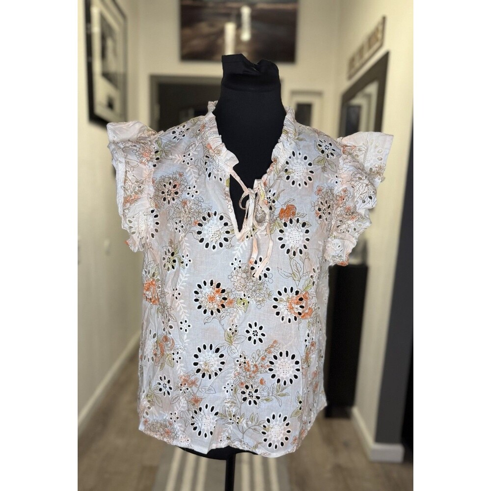 Solitaire L Tropical Floral Eyelet Tank Top Boho Ruffle Sleeveless Summer Blouse